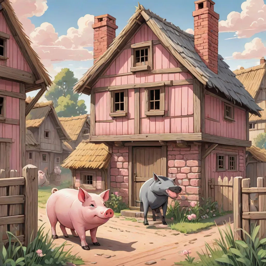 a pig and a pig pig are standing in front of a house with a pig in the yard and a pig in the yard, a detailed matte painting, Chris LaBrooy, fantasy art, 2 d game art
