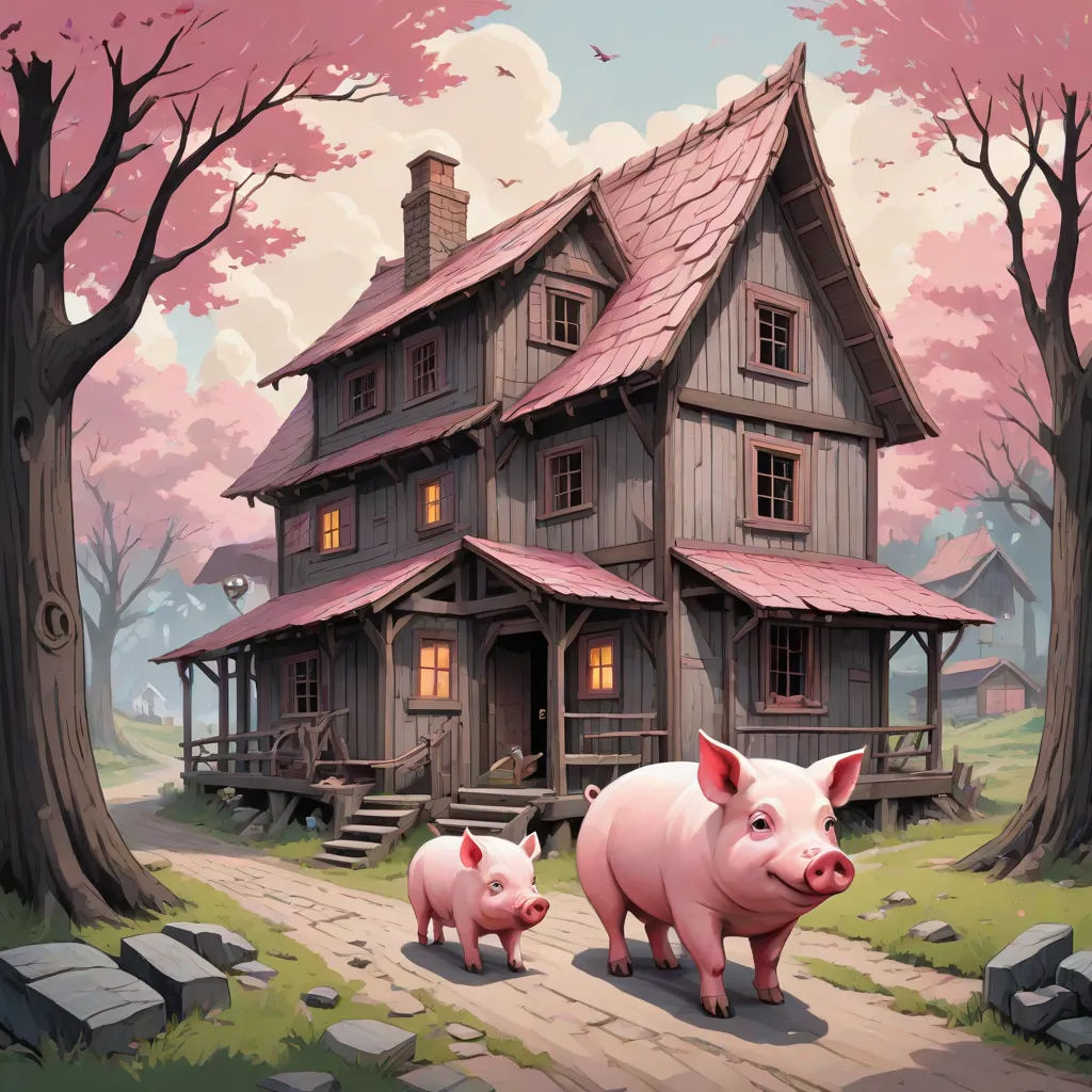 a painting of two pigs walking in front of a house with a pink roof and a pink tree in the background, a storybook illustration, Dan Mumford, fantasy art, official art
