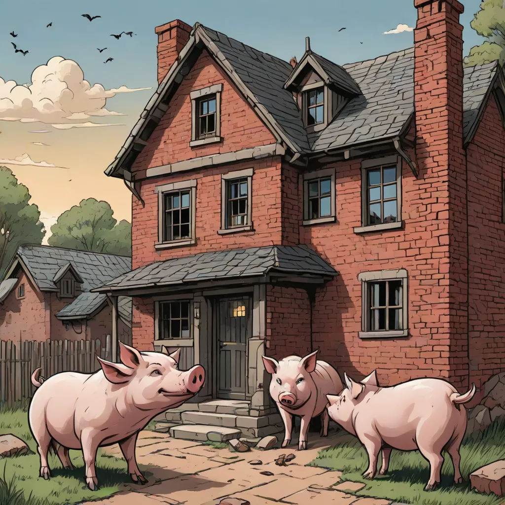 three pigs are standing in front of a brick house with a bird flying overhead and a bird flying overhead, a storybook illustration, Dan Mumford, magical realism, storybook illustration