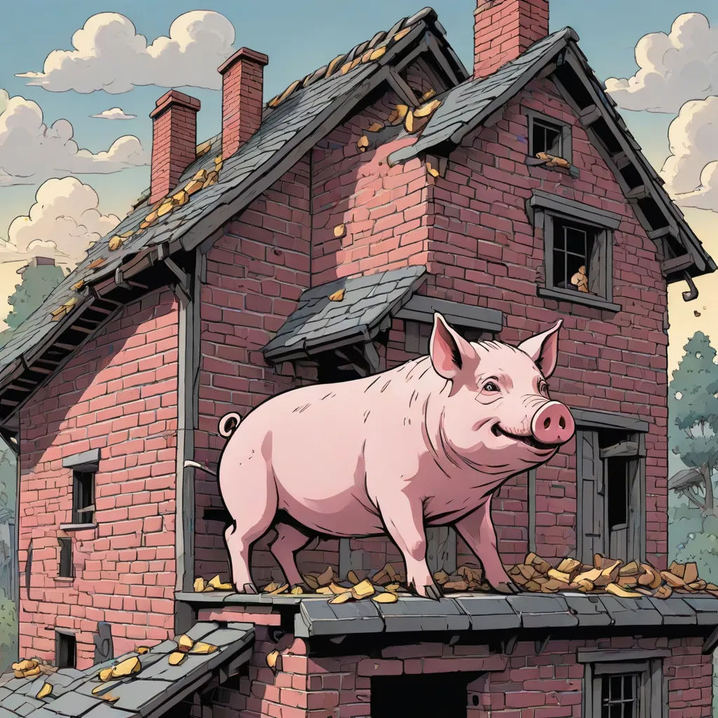 a pig standing on a roof of a brick house with a pile of gold coins on the roof of it, a storybook illustration, Chris LaBrooy, precisionism, storybook illustration