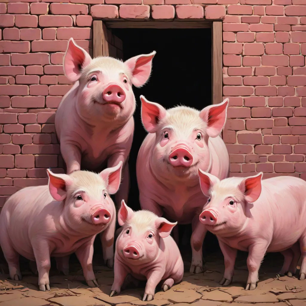 a group of pigs standing next to each other in front of a brick wall and door with a brick wall, a photorealistic painting, David Young Cameron, fantastic realism, ultra realistic illustration