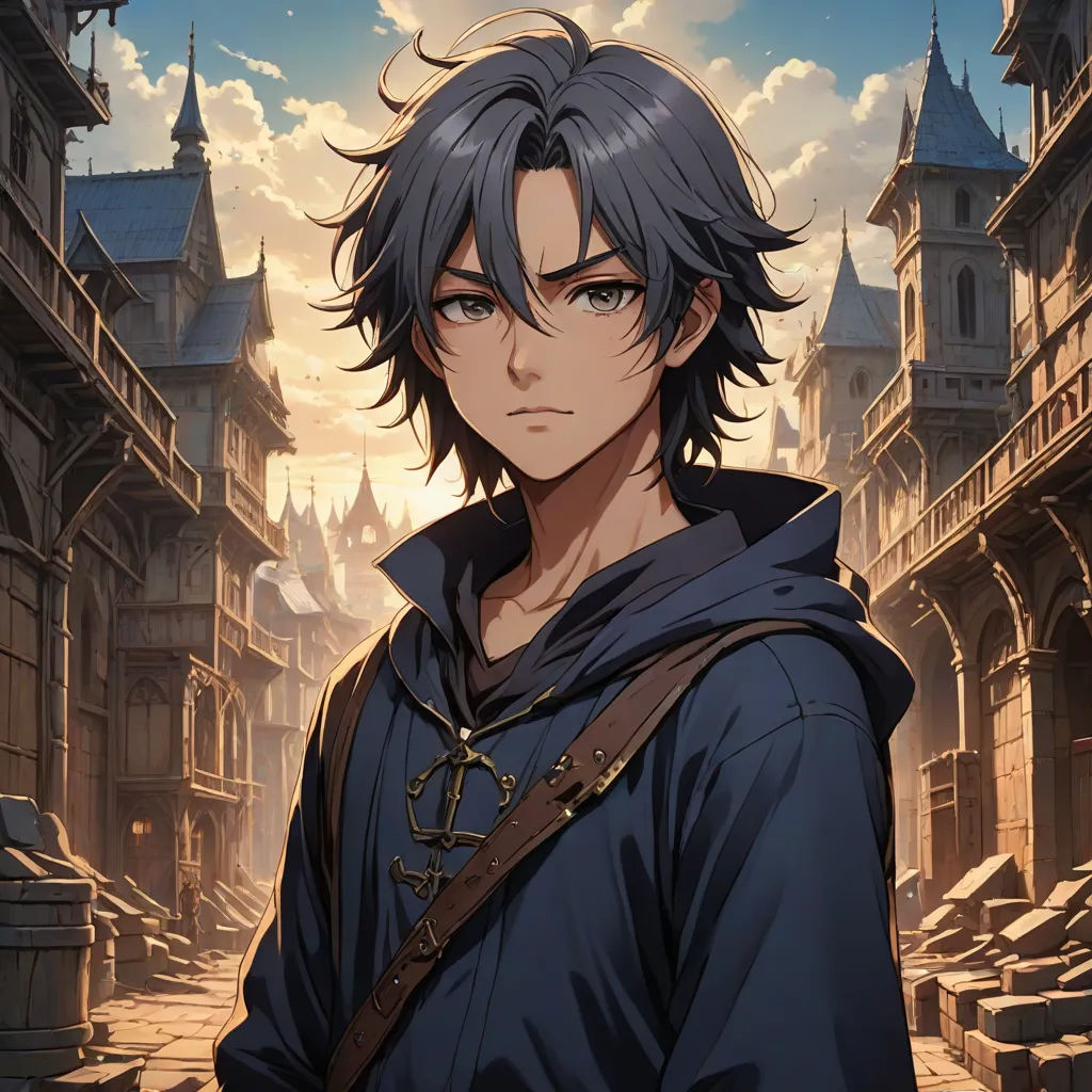 a man in a hooded jacket standing in front of a castle with a sword in his hand and a sky background, official art, fantasy art, a character portrait, Alvan Fisher