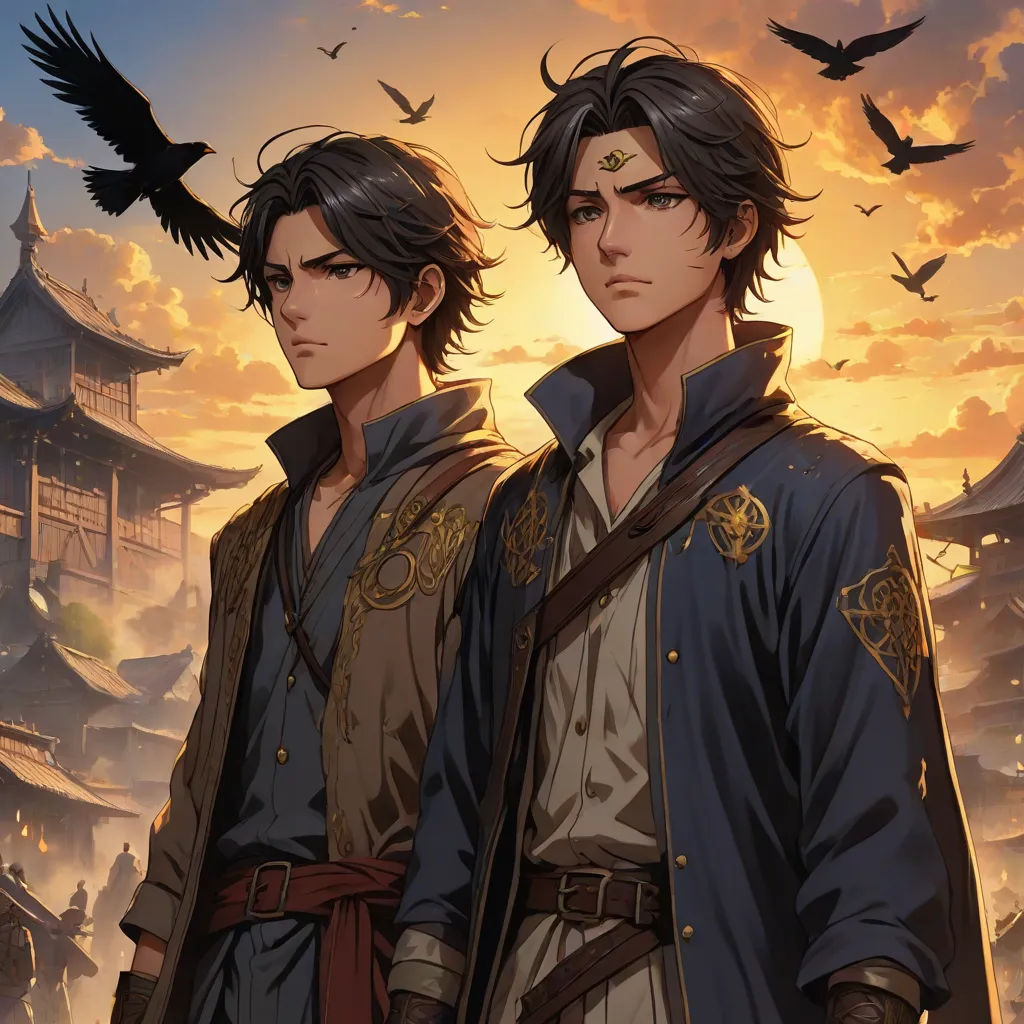 two men standing next to each other in front of a sunset with birds flying overhead and a bird flying overhead, official art, dau-al-set, an album cover, Brothers Hildebrandt