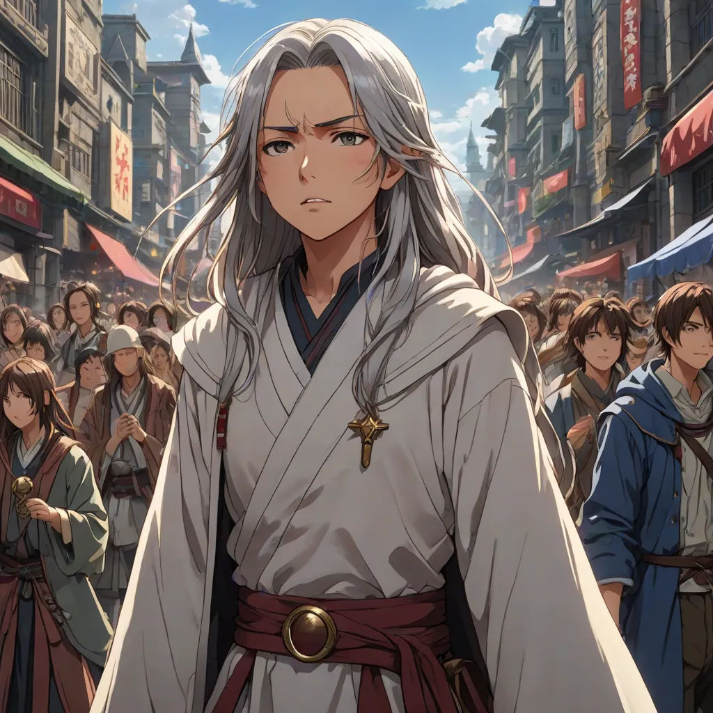 a man in a white robe standing in front of a crowd of people in a city street with buildings, official art, fantasy art, concept art, Baiōken Eishun