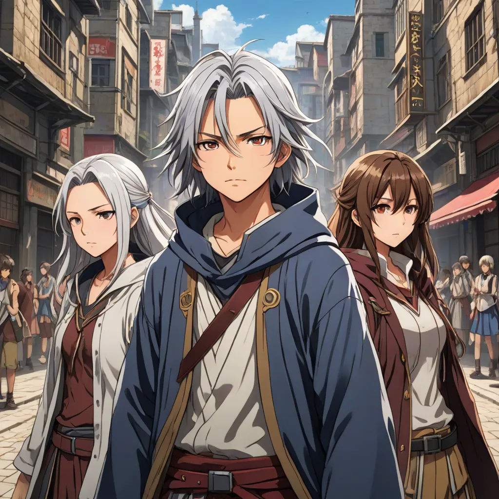 a group of people standing in a street next to each other with long white hair and gray hair and wearing long white hair, official art, rayonism, concept art, Cedric Seaut (Keos Masons)