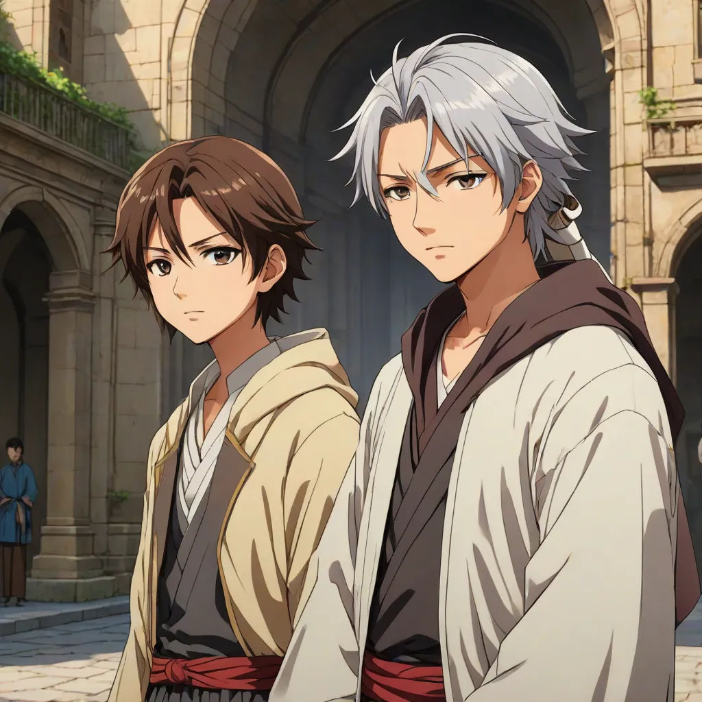 two anime characters standing in front of a building with a courtyard in the background and a man in a kimono standing next to him, ufotable, sots art, concept art, Baiōken Eishun