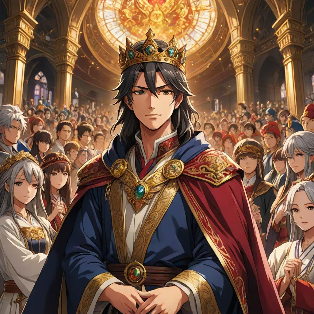 a man in a crown standing in front of a crowd of people in a building with a clock on the wall, official art, sots art, concept art, Altoon Sultan
