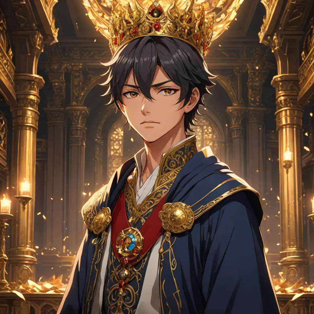 a man in a crown and a blue robe with a red sash on his head and a gold crown on his head, crown, sots art, concept art, Charles Bird King