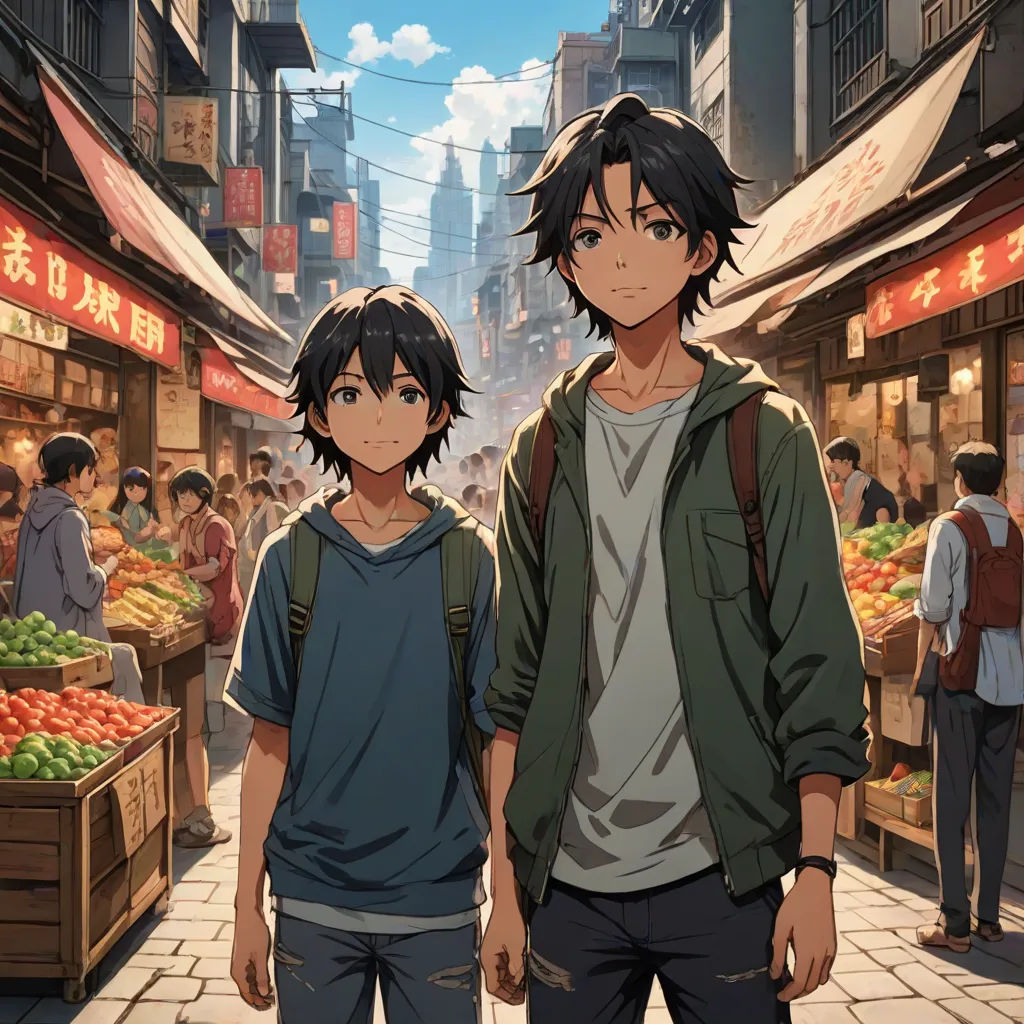 two people standing in front of a market with a lot of produce on display in the background, with a sky background, official art, visual art, concept art, Ai-Mitsu