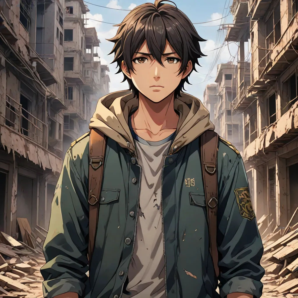 a man with a backpack standing in a dirty city street with buildings in the background and a sky background, official art, serial art, a character portrait, Eizan Kikukawa