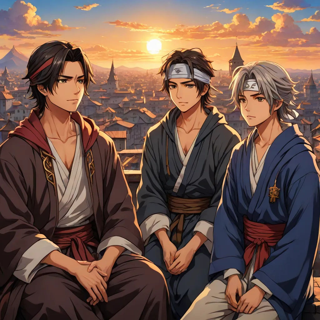 three anime characters sitting on a ledge in front of a cityscape at sunset with the sun setting, official art, sots art, an album cover, Brothers Hildebrandt