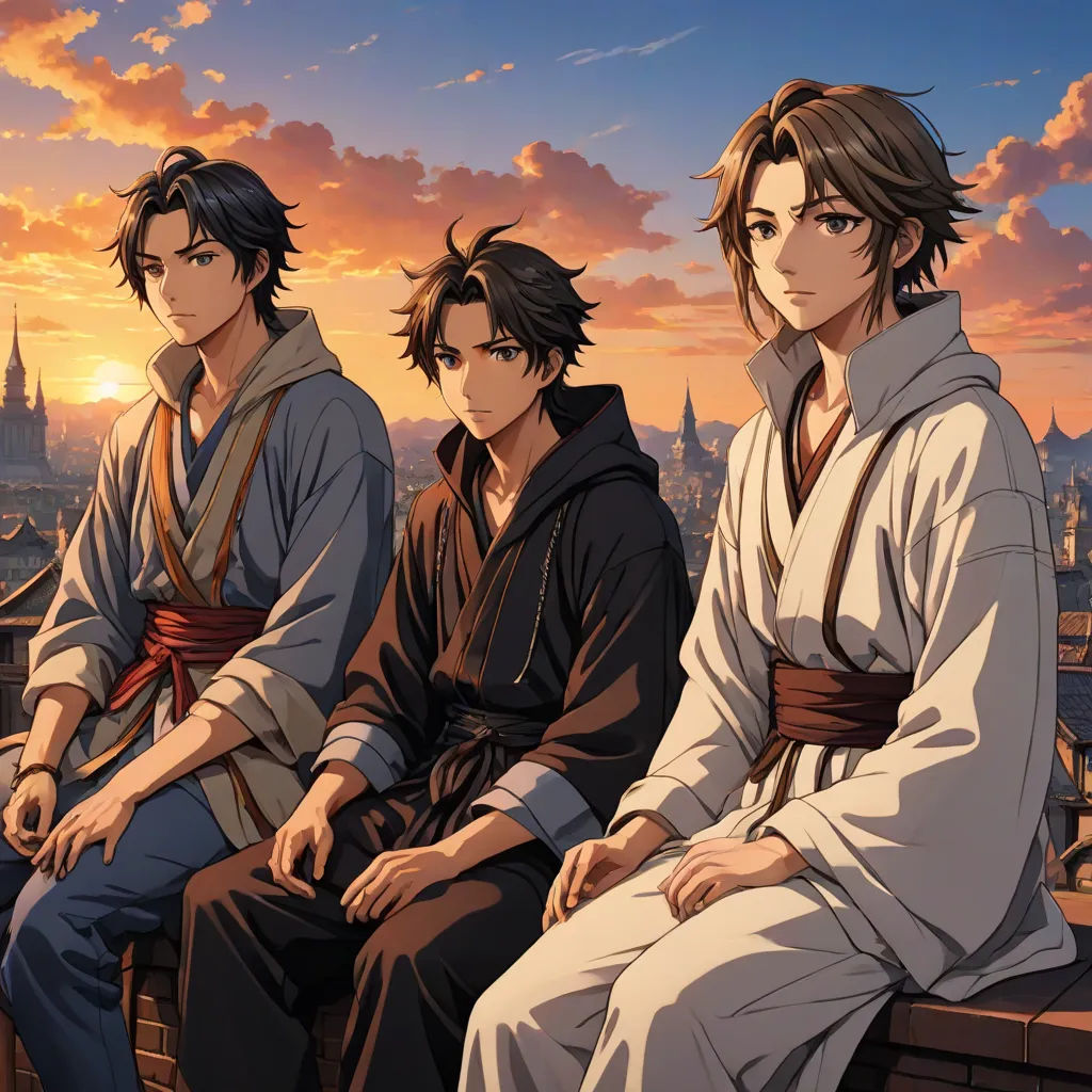 three men sitting on a ledge in front of a sunset with a city in the background and a castle in the background, official art, dau-al-set, an album cover, Brothers Hildebrandt
