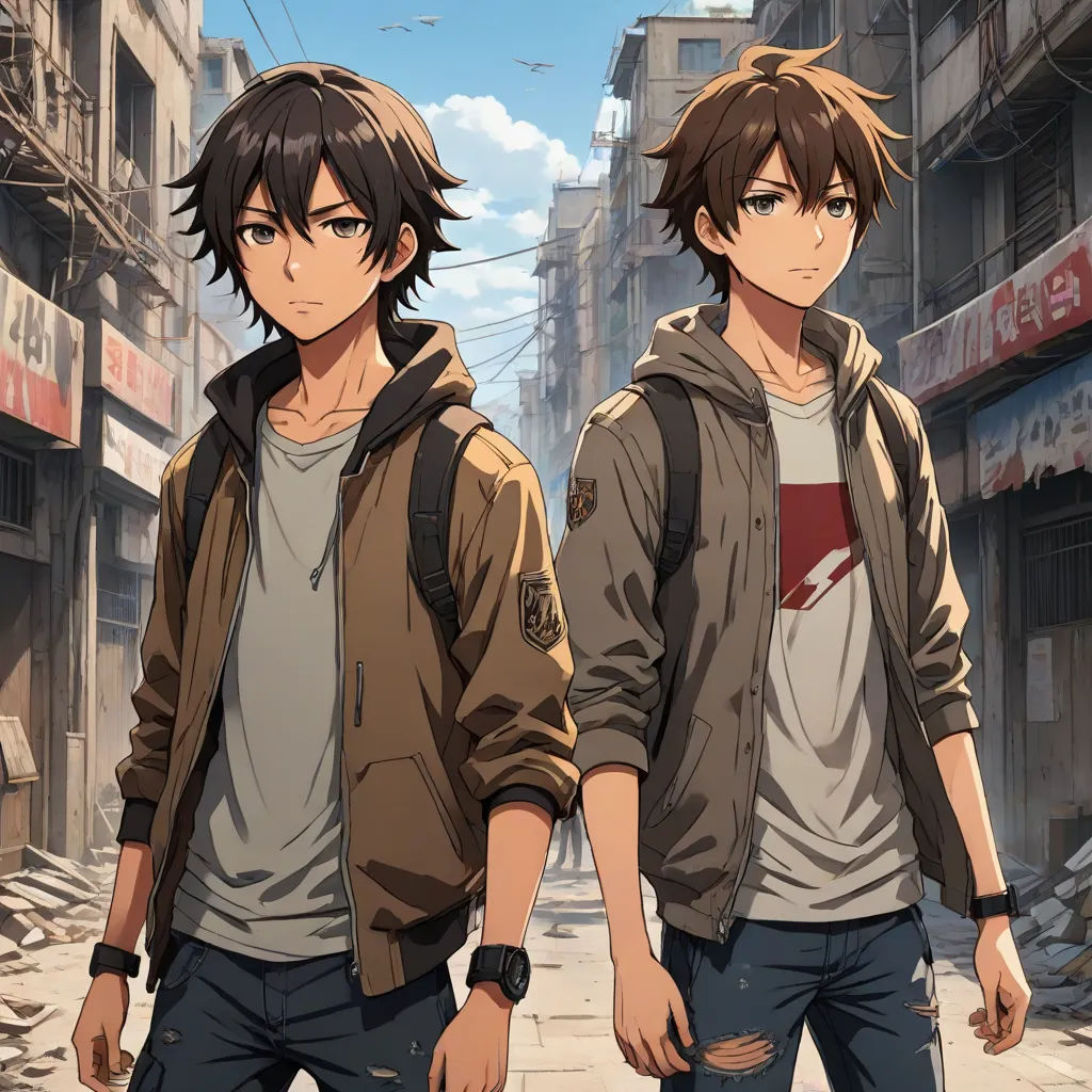 two young men walking down a street in a city with buildings in the background and a sky background with clouds, anime key visual, sots art, concept art, Ai-Mitsu