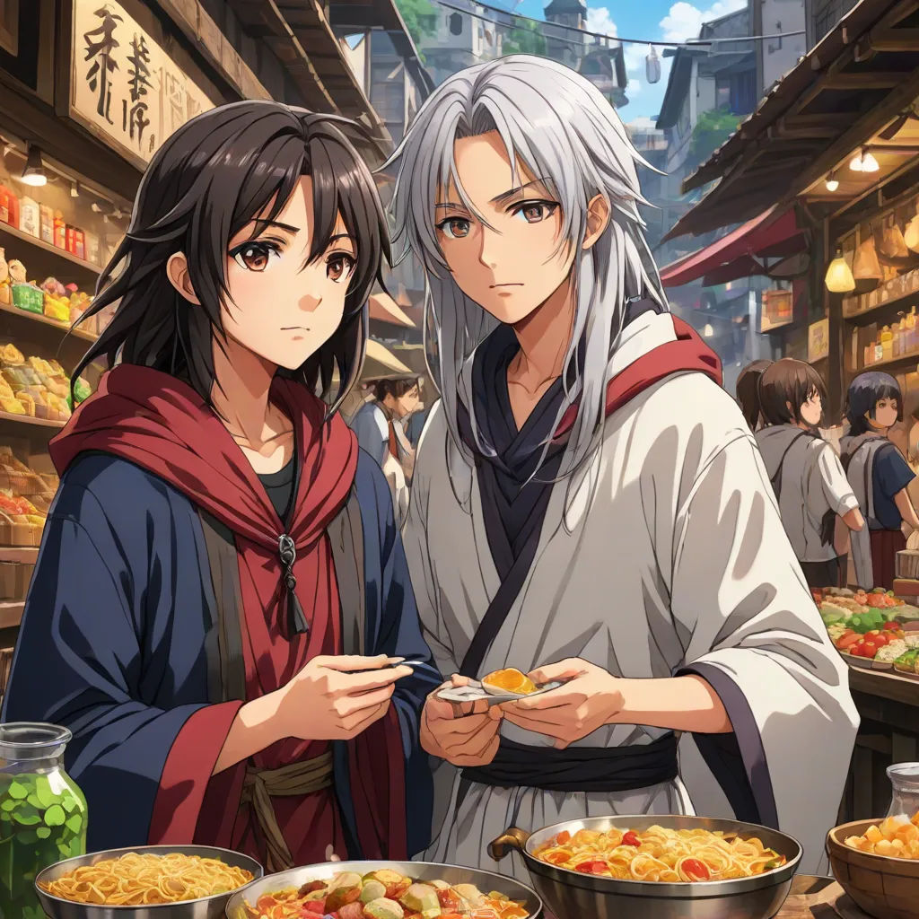 two people standing in front of a table of food in a market area with a woman holding a plate of food, official art, context art, concept art, Baiōken Eishun