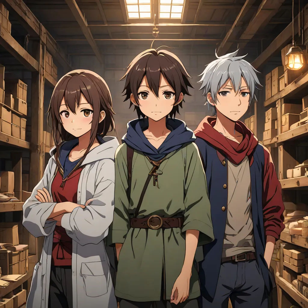 three anime characters standing in a warehouse with their arms crossed and looking at the camera, with boxes on the shelves behind them, official art, rayonism, concept art, Aya Goda