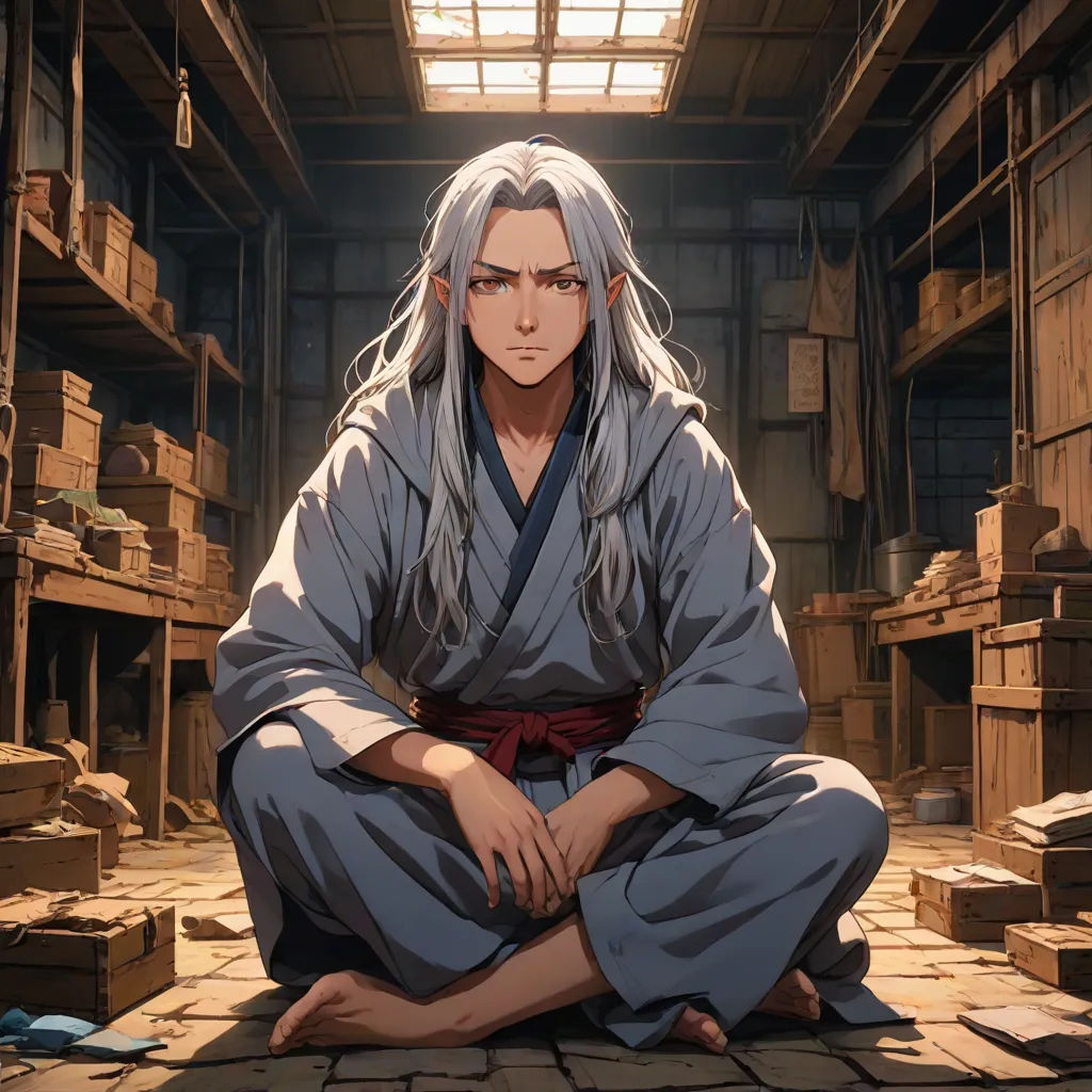 a man sitting on the ground in a room with boxes and boxes on the floor and a window above him, official art, sots art, a character portrait, An Gyeon