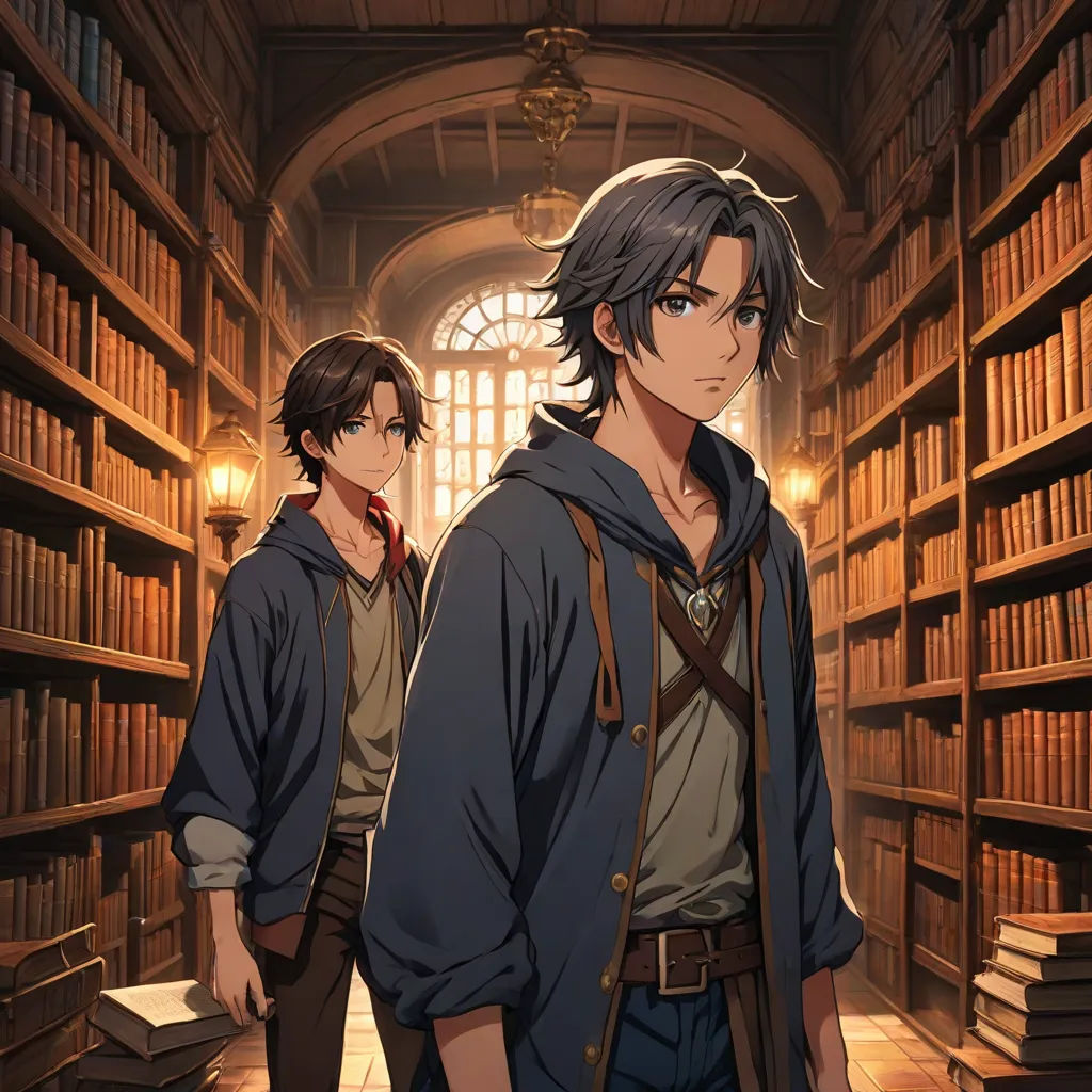 two people standing in a library with bookshelves full of books and a lamp on the ceiling of the room, official art, fantasy art, concept art, Brothers Hildebrandt