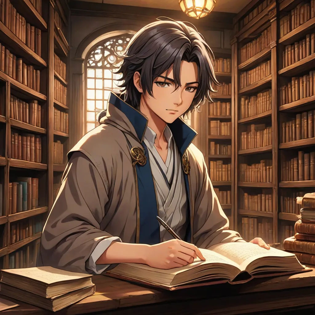 a man sitting at a table in a library with a book open and a pen in his hand and a book in front of him, official art, remodernism, a character portrait, Awataguchi Takamitsu
