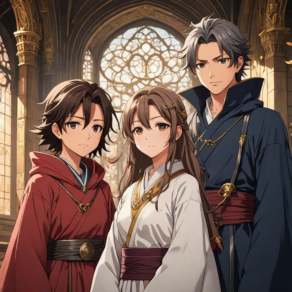 a group of people standing next to each other in front of a window with a stained glass window behind them, official art, sots art, concept art, Baiōken Eishun