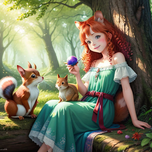 haunting-fox606: Illustrate an enchanting moment in the magical forest as  Lucy, a curious little girl with bright red hair and big, sparkling green  eyes, eagerly grasps the shiny brass handle of the