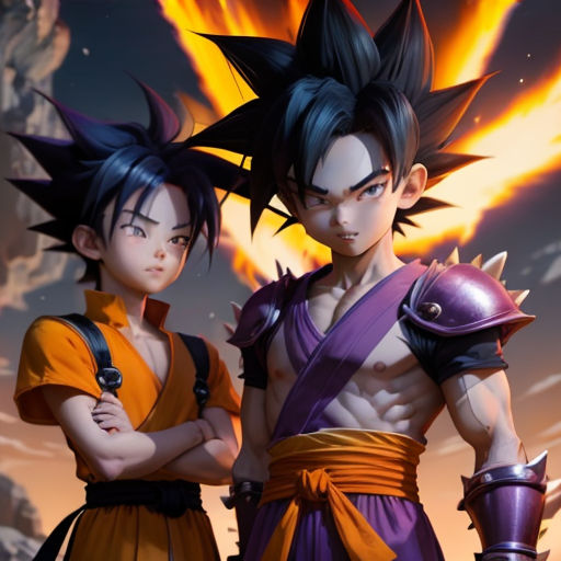 two young boys in dragon ball costumes standing next to each other with their arms crossed and their arms crossed