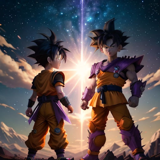 two young gohans standing in front of a star filled sky with clouds and stars in the background