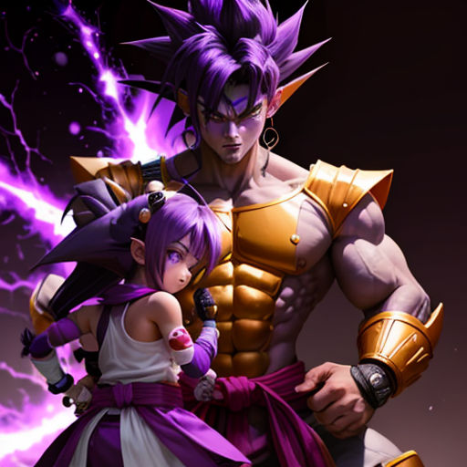 a man and a woman are standing together in front of a purple background with lightnings and lightnings