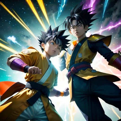 two young men in dragon ball costumes with fireworks in the background and a sky full of stars in the background