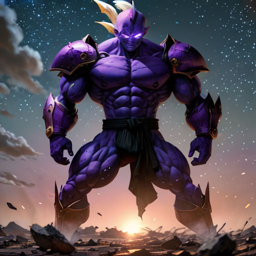 a purple man standing in the middle of a desert with a sky background and stars in the background, with a bright light shining on his chest