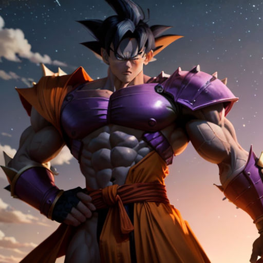 a man in a purple outfit holding a sword and a sword in his hand, with a sky background