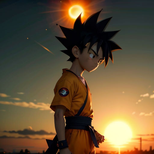 a young gohan standing in front of a sunset with the sun in the background and a person in the foreground