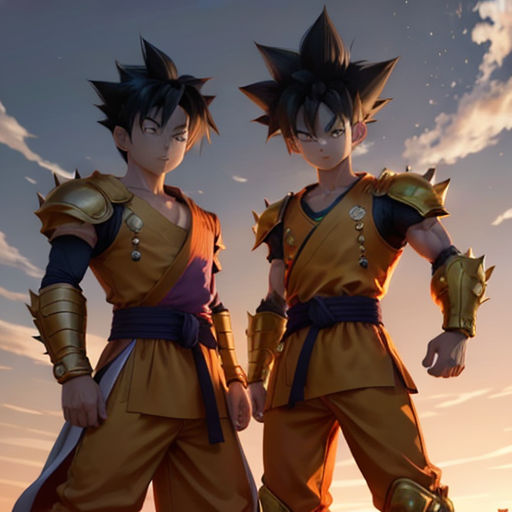 two young gohans standing next to each other in front of a sunset sky with clouds and stars