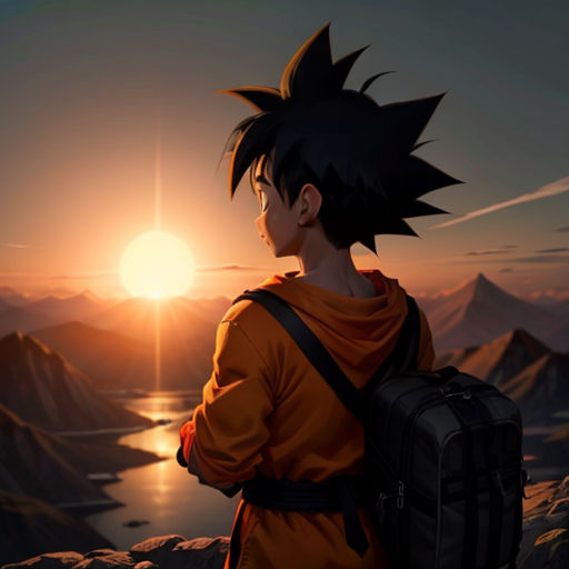 a person with a backpack looking at the sun over a mountain range with mountains in the background and a lake in the foreground