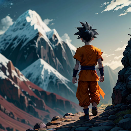 a man walking down a rocky path towards a mountain range with snow capped mountains in the background and a sky with clouds