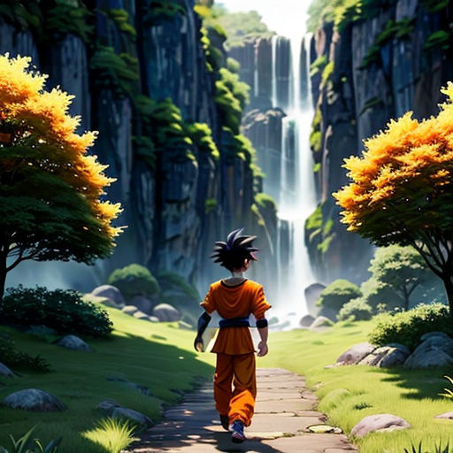 a cartoon of a person walking down a path in front of a waterfall and trees with a waterfall in the background
