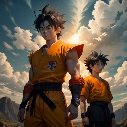 two young men in dragon ball costumes standing next to each other in front of a cloudy sky with clouds