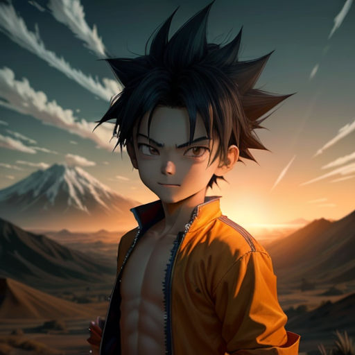 a man with a mohawk standing in front of a mountain range with a sunset behind him and clouds in the sky