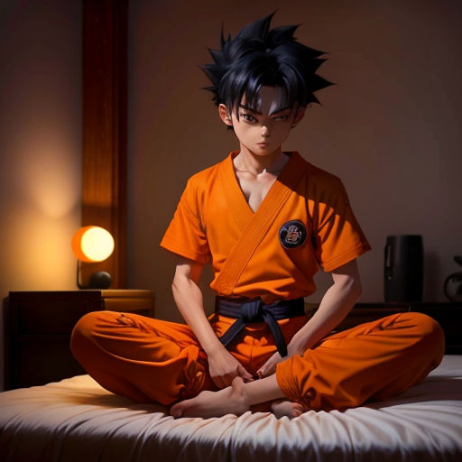 a young man sitting on a bed in a room with a lamp on the side of the bed and a mirror behind him