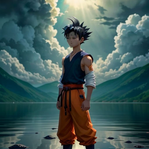 a young man standing on a rock in front of a lake with clouds and mountains in the background, with a sun shining through the clouds