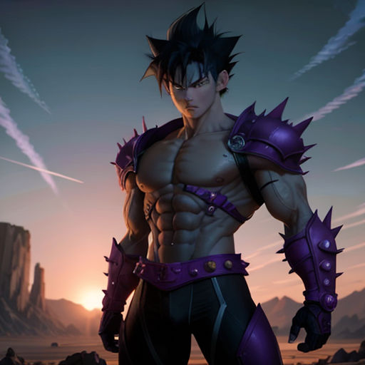 a man with spiked hair and a purple outfit standing in front of a mountain range at sunset with a sky background