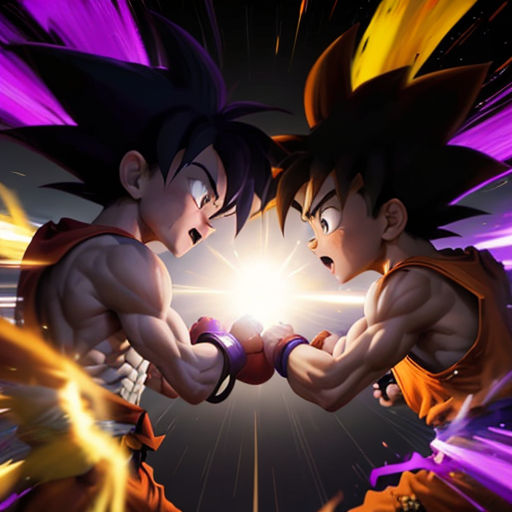 two young gohan fighting in a space with purple and yellow lights behind them, with a black background