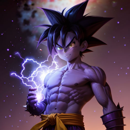 a very cute looking anime character holding a lightning bolt in his hand and a purple background with stars and clouds
