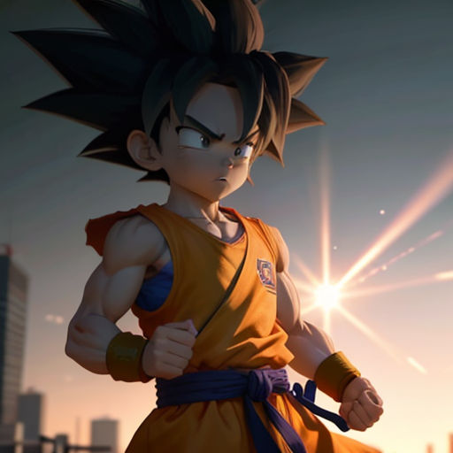 a cartoon character with a very large head and a big body, in a city setting with buildings and a bright sun