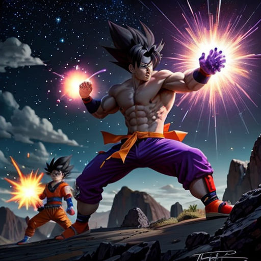 a dragon ball game with two characters in the background and a sky background with stars and clouds, and a man with a glowing arm