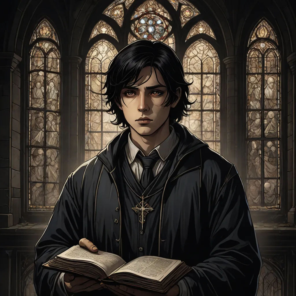 a man holding a book in front of a stained glass window with a cross on it's chest, gothic art, a character portrait, Cedric Seaut (Keos Masons), official art