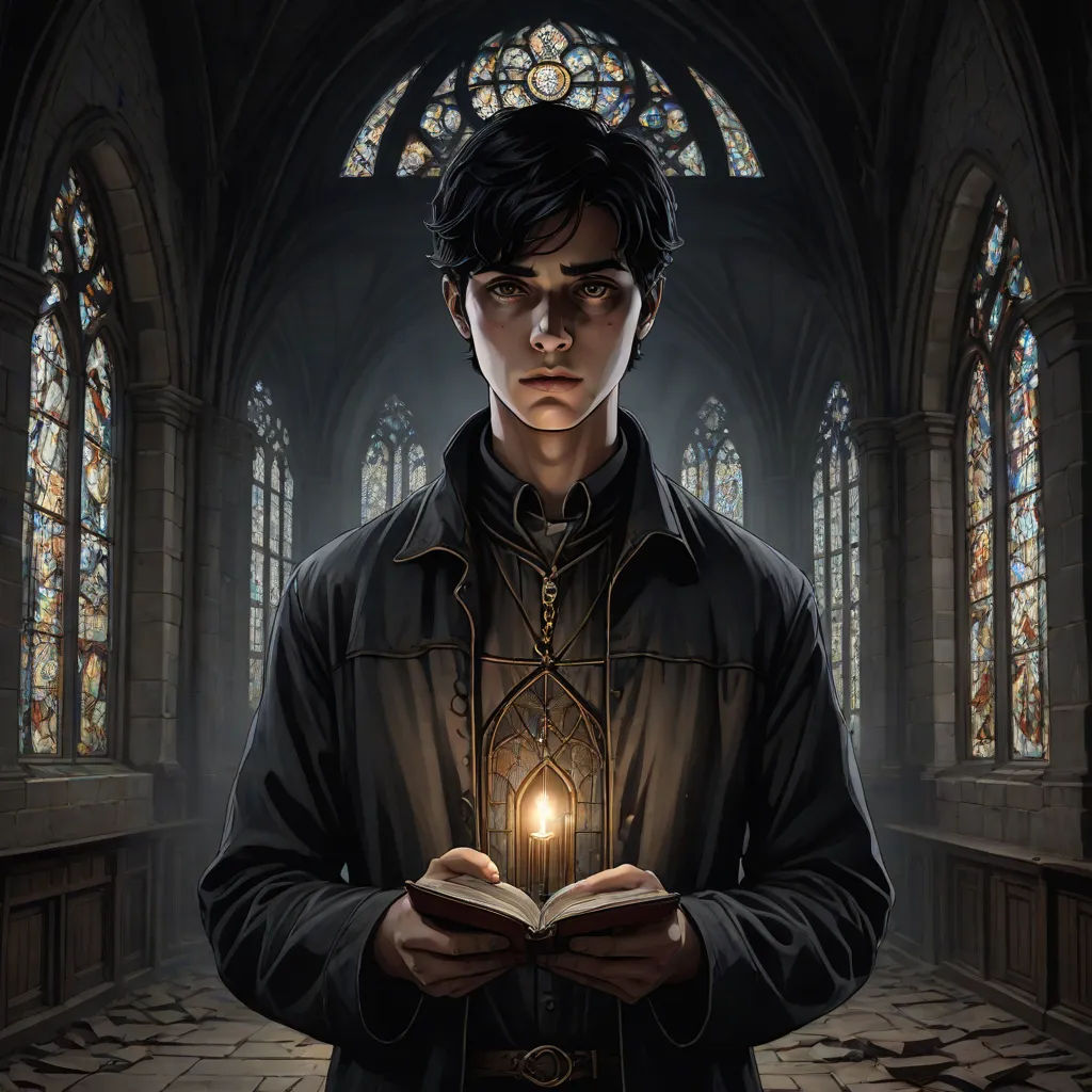 a man holding a book with a light in his hand in front of a stained glass window in a church, gothic art, a character portrait, Cedric Peyravernay, official art