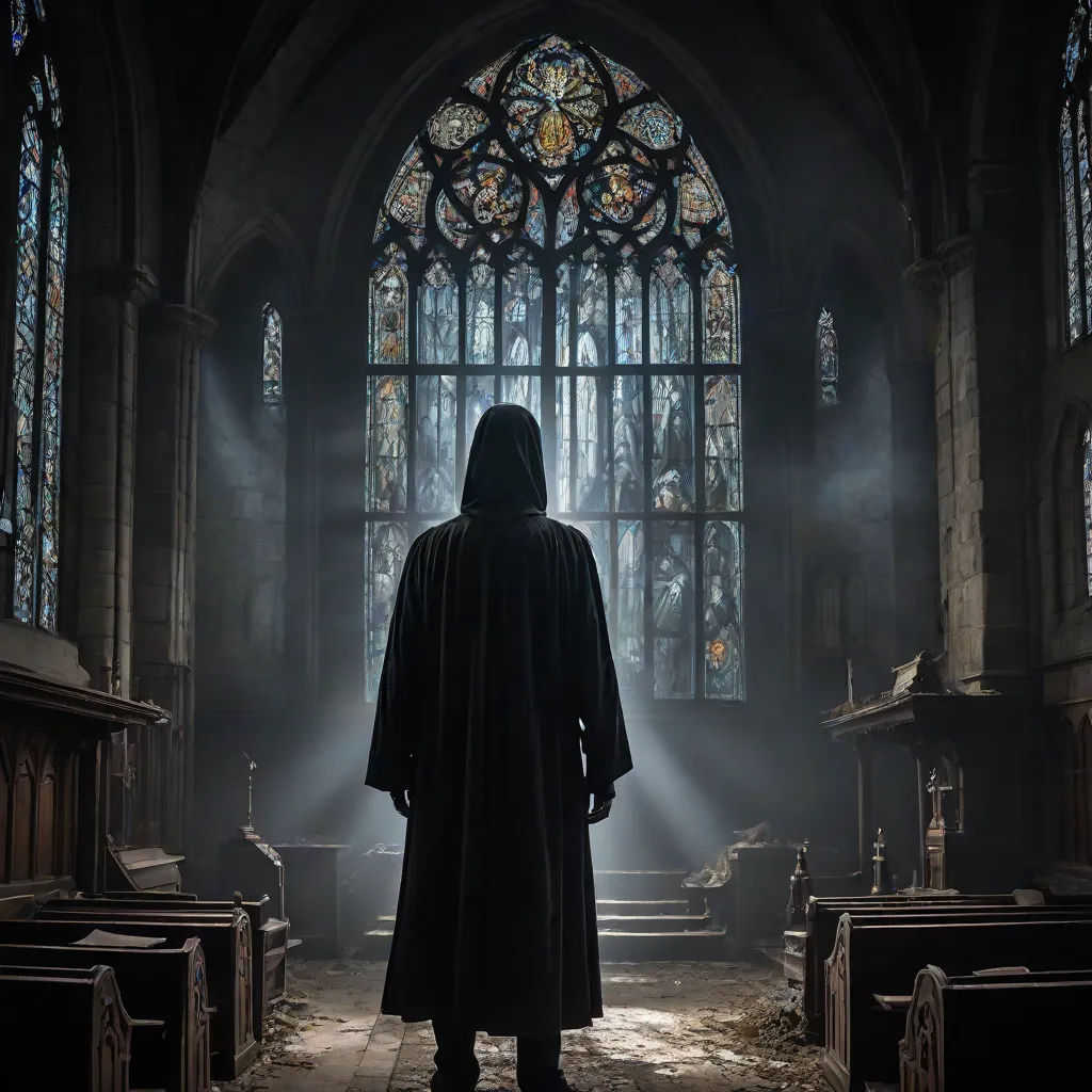 a man in a robe standing in front of a church window with a light shining through it and a stained glass window behind him, gothic art, poster art, Cedric Seaut (Keos Masons), promotional image