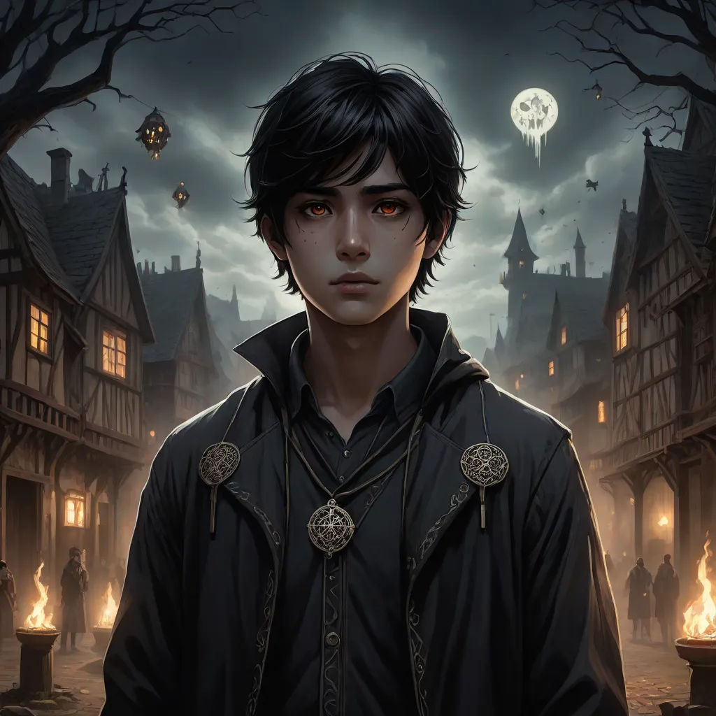 a boy in a black jacket standing in front of a creepy house with a full moon in the sky, fantasy art, a character portrait, Bastien L. Deharme, epic fantasy character art