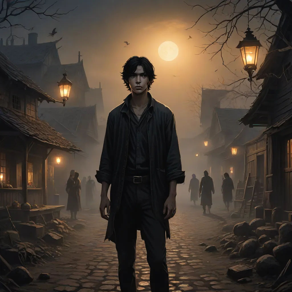 a man standing in a street at night with a full moon in the background and a person standing in the street, fantasy art, a character portrait, Bastien Lecouffe-Deharme, magic the gathering artwork
