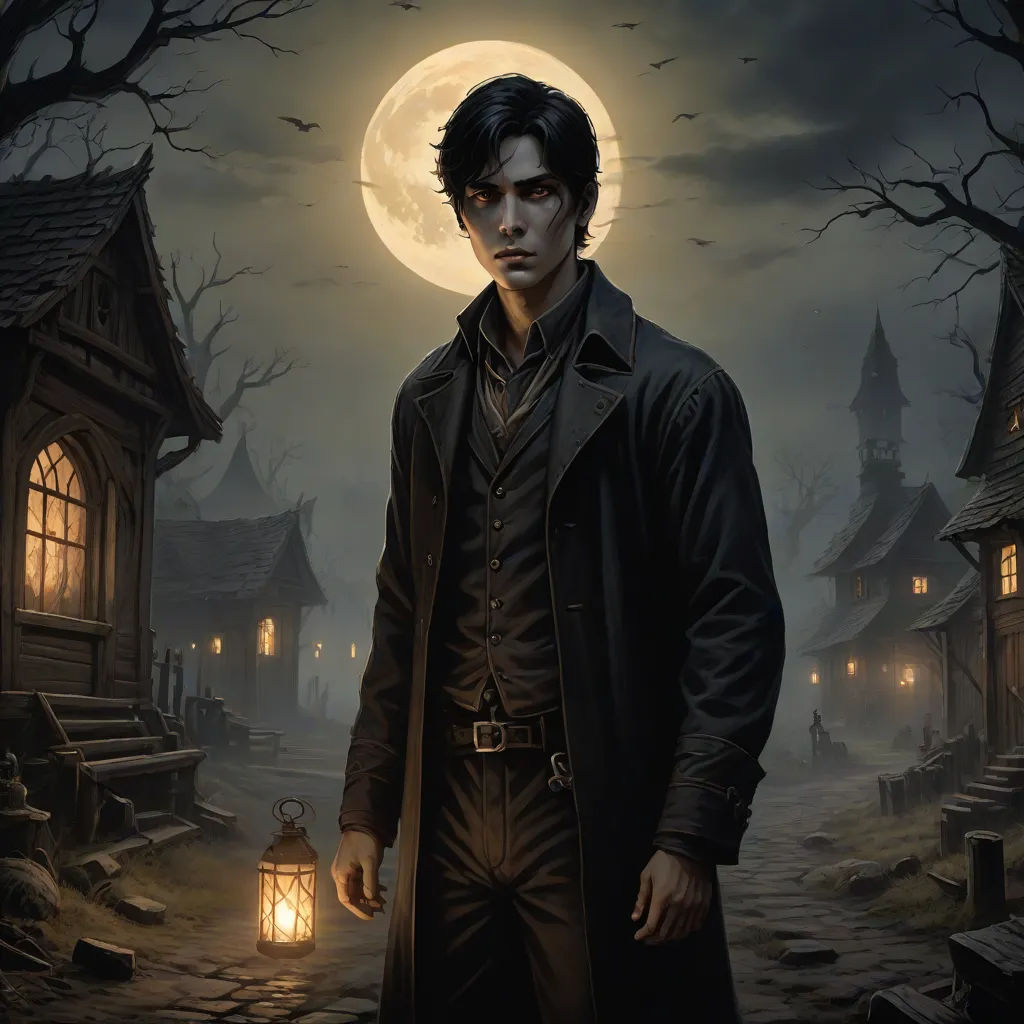 a man in a long coat standing in front of a house with a lantern in his hand and a full moon in the background, gothic art, a character portrait, Bastien L. Deharme, dark shadows